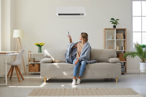 A woman sitting on a couch in a living room with an air conditioner during winter, ensuring proper HVAC maintenance.