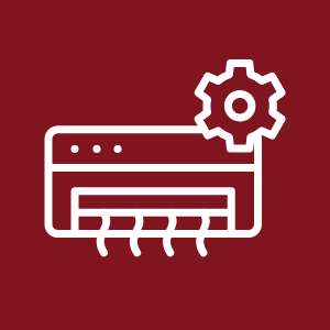 An icon depicting a machine with gears on a vibrant red background, symbolizing industrial services.