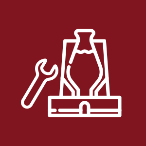 An icon representing services, featuring a wrench and a bottle on a red background.