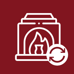 A white icon of a fireplace with a red background representing services.