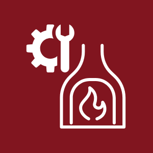 A white icon with gears on a red background representing services.