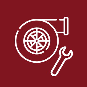 A red background featuring a white wrench and wheel icon representing commercial HVAC services.