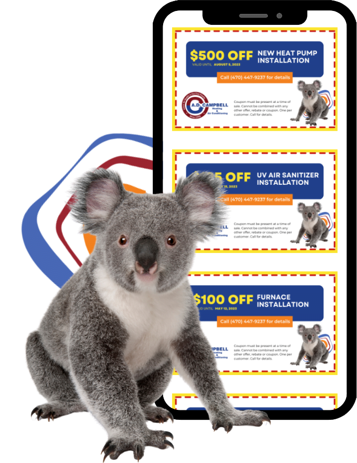 A koala with a mobile phone displaying discounts.