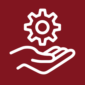 A reliable heating and air HVAC Atlanta company represented by a hand holding a gear wheel icon on a red background.