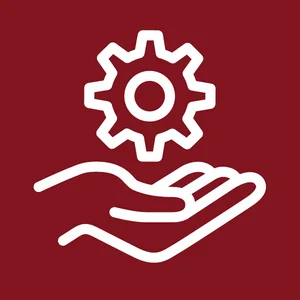 A reliable heating and air HVAC Atlanta company represented by a hand holding a gear wheel icon on a red background.