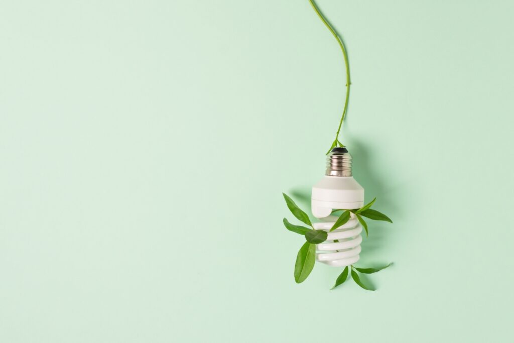 An energy-saving light bulb with green leaves hanging from it on a green background.