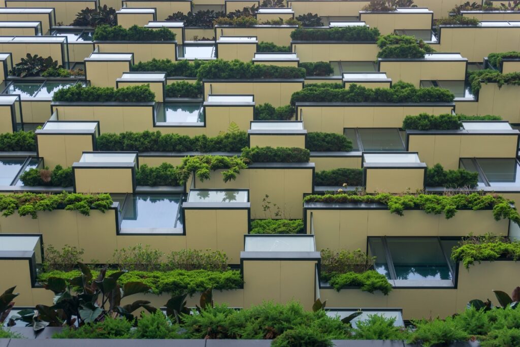 A building with energy-saving greenery on it.