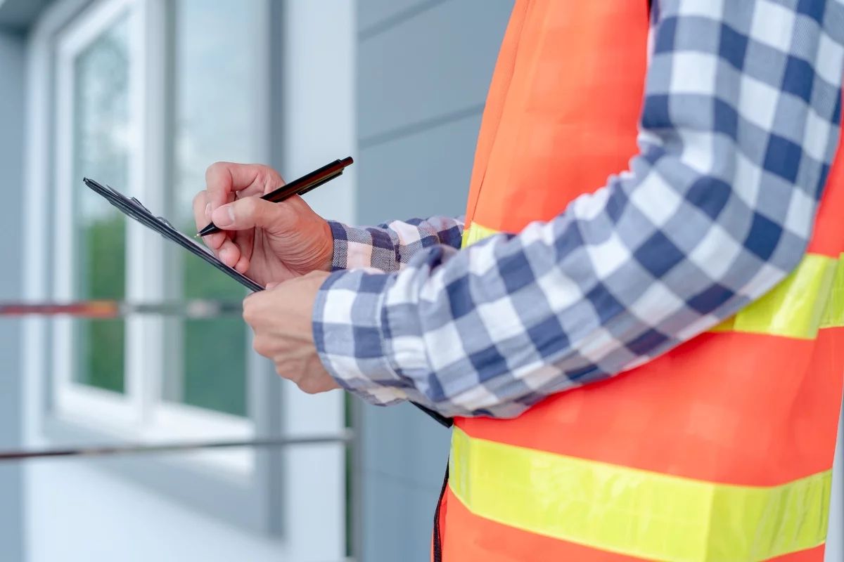 A person wearing a checkered shirt and an orange safety vest writes on a clipboard while inspecting the HVAC system outside a building.